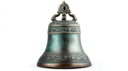 Antique Russian Orthodox Bell with Detailed Ornamentation on a White Background