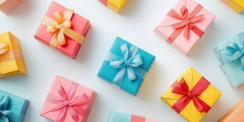 Colorful gift boxes in pink, yellow, and blue arranged on a white surface with ribbons, creating a vibrant and festive atmosphere.