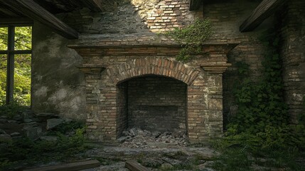 Naklejka premium Abandoned fireplace in a crumbling castle with overgrown vegetation and historic brickwork illuminating a sense of decay and nostalgia