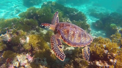 Obraz premium Graceful Sea Turtle Gliding Through Vibrant Coral Reef Ecosystem Under Crystal Clear Waters