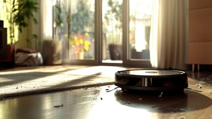 Black robot vacuum cleaner navigating a cluttered living room with sunlight streaming through a window and dust particles in the air.