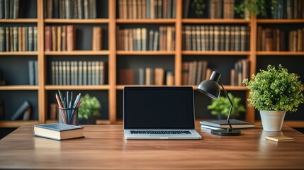 Library desk with books and laptop