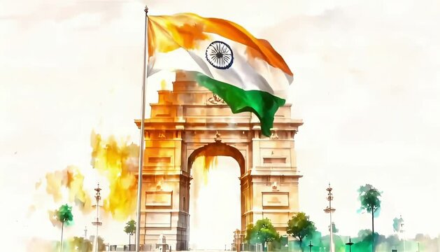 India Gate sketch with tricolor brush strokes, capturing Independence Day with soft painting effects. Independence Day, Republic Day, Indian flag, heritage.