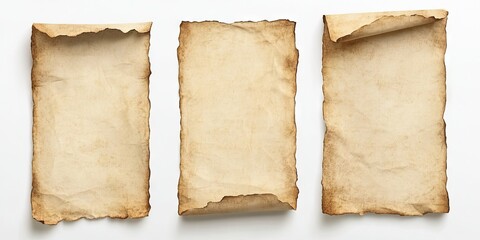 Vintage aged beige paper sheets with torn edges arranged in a horizontal layout on a clean white background for design and texture use.
