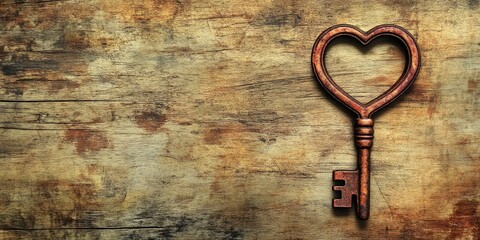 Heart-shaped vintage key positioned on warm wooden backdrop with textured grain, featuring ample copy space on the right side for text insertion.