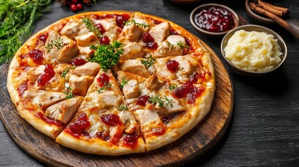 Festive roasted turkey pizza topped with cranberry sauce, mashed potatoes, and fresh herbs served on dark wooden board with colorful garnish