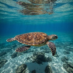 A sea turtle gliding effortlessly through clear blue waters.