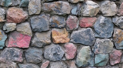 Textured grunge stone wall surface with colorful hues showcasing unique rock patterns and rustic charm suitable for backgrounds and design projects