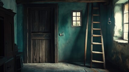Rustic farmhouse interior featuring an ancient wooden door and a vintage ladder against a textured wall in a serene rural setting