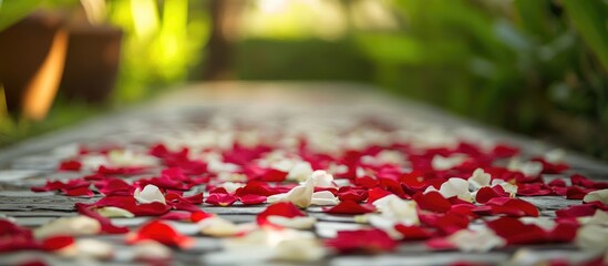 Scattered red and white rose petals with ylang ylang create a serene ambiance for memorial visitations and peaceful reflections