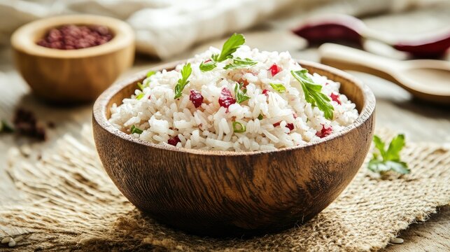 Riceberry Rice in Rustic Wooden Bowl with Garnish Healthy Whole Grain High Fiber Ingredients on Natural Background
