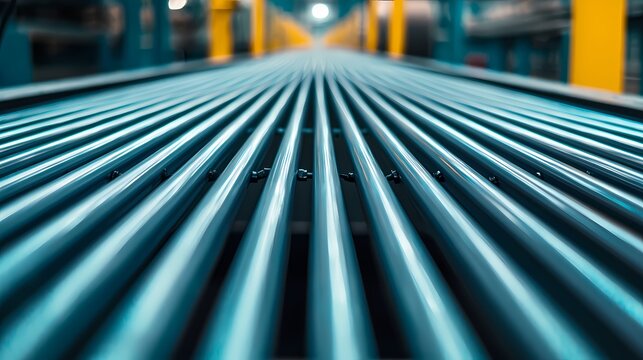 A close-up view of parallel metallic rods in an industrial setting, showcasing their smooth surfaces and a vibrant color palette.