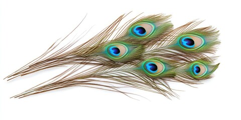 Obraz premium Vibrant peacock feathers arranged fan-like on a white background showcasing blue and green eye patterns with long brown shafts on the left side