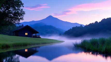 Fototapeta premium Secluded Cabin by a Misty Lake at Sunrise