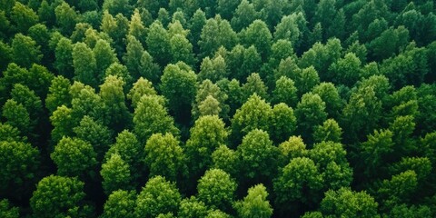 Aerial view of lush green summer forest with varied tree heights and shades of green in a Northern European landscape under clear skies.