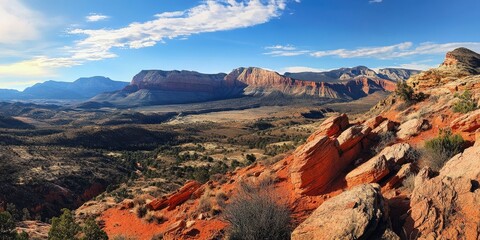 Obraz premium Rugged red and orange ridge-line under clear blue sky with distant mountains and desert valley showcasing vibrant natural scenery and textures