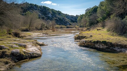 Serene rural landscape featuring a picturesque riverbank under clear skies on a vibrant spring day
