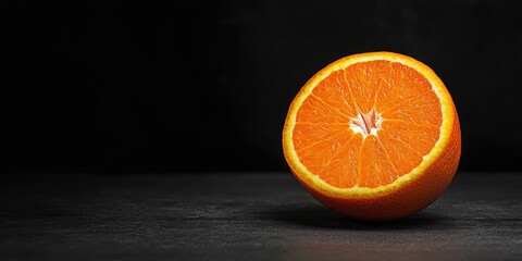 Bright orange slice positioned left on a dark textured surface with ample black background for copy space creating a fresh and vibrant feel