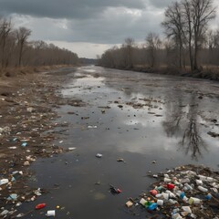 An image of a polluted river showing plastic waste, garbage and chemicals floating on the surface of the water. I