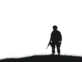 A clean silhouette of a soldier looking over a battlefield, symbolizing tactical observation. Soldier battlefield view.



