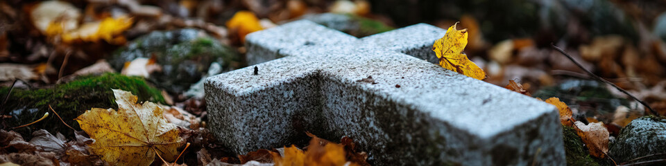 Stone Cross and Autumn Leaves