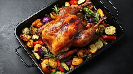 Fototapeta premium Festive roasted turkey centerpiece on a black tray with vibrant seasonal vegetables including carrots, bell peppers, and zucchini.