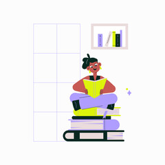 Young Female Character Sitting On Books Reading In Flat Vector Illustration Symbolizing Learning, Curiosity, And Education, Isolated On White Background.