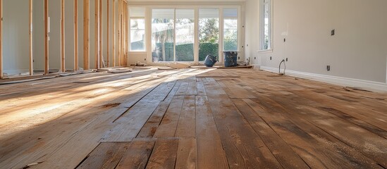 Indoor home renovation showcasing the removal of wooden flooring at a construction site emphasizing renovation and repair activities