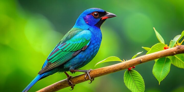 Dollarbird Perched on Branch, Vibrant Green Background - Stock Photo