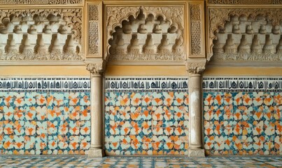 Ornate columns, patterned tiles, and carved stone wall.