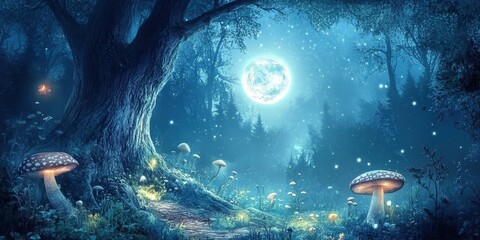 Fototapeta premium Enchanting Moonlit Forest Path With Glowing Mushrooms