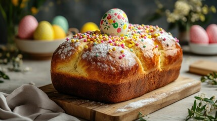 Traditional Easter bread with vibrant decorations and a colorful egg centerpiece perfect for festive celebrations and seasonal gatherings