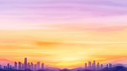Fototapeta premium Sunset watercolor concept. Stunning sunset over a city skyline, blending colors of purple, orange, and gold.
