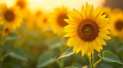 Fototapeta premium Stunning Sunflower Field at Sunset Golden Hour Photography