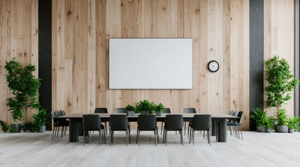Modern conference room with wooden wall, plants, and empty poster