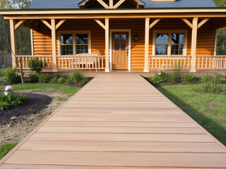 Wooden walkway leading to a house, surrounded by greenery, inviting and well-maintained.