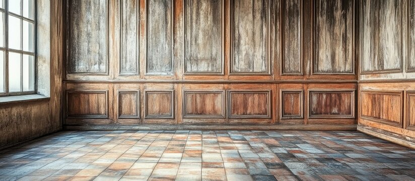 Rustic vintage interior with weathered wooden walls and classic tiled floor perfect for themed photography and artistic projects
