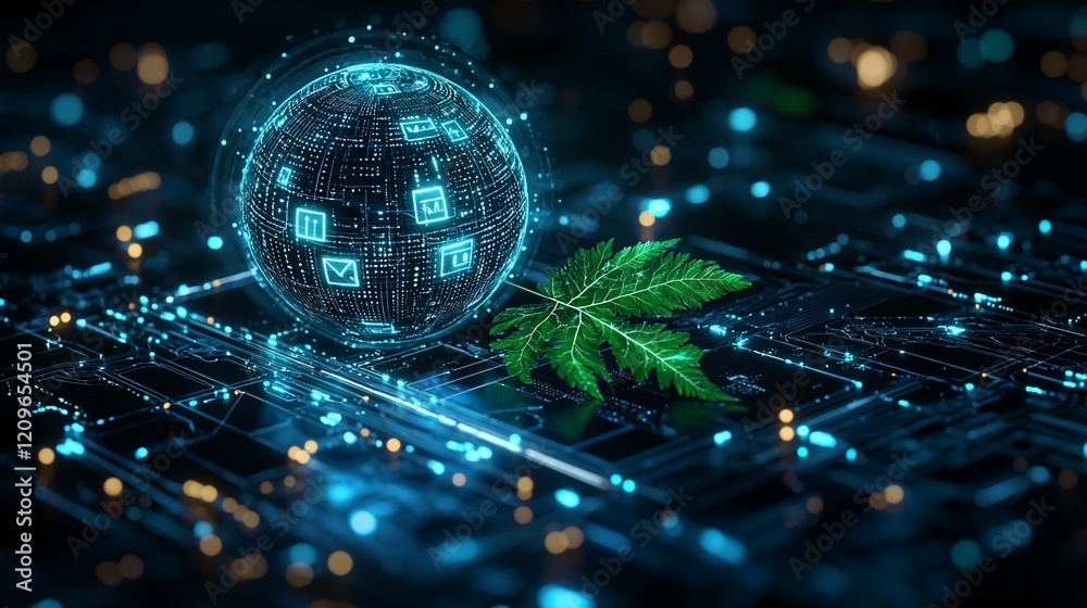 Poster futuristic globe with leaf on circuit board.