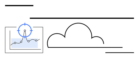 Cloud icon near analytics dashboard with target focus on chart. Ideal for cloud computing, data analysis, tech innovation, network efficiency, business insights, digital marketing, abstract line flat