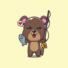 bear mascot cartoon character vector illustration catching fish with fishing rod.