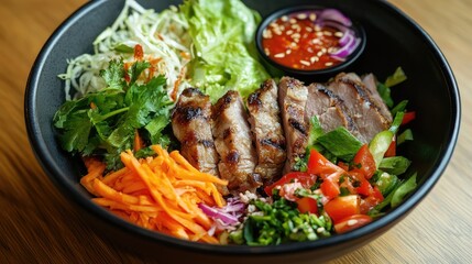 Roasted pork roll served with vibrant mixed vegetables including carrots, lettuce, and herbs in a sleek black bowl, garnished with dipping sauce, warm tones.