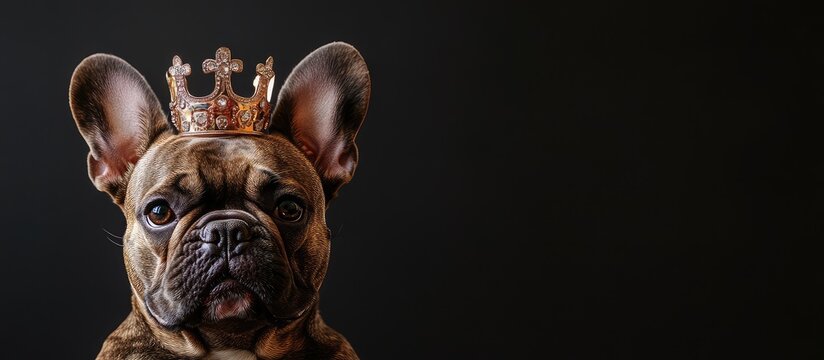 Regal French Bulldog adorned with a golden crown against a dark black backdrop, featuring a blank area for customizable text. - Powered by Adobe