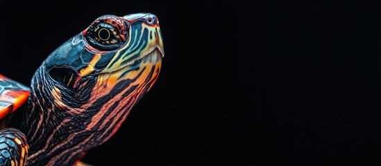 Majestic Close-Up of a Colorful Red Eared Slider Turtle Against a Black Background with Ample Negative Space for Text Integration