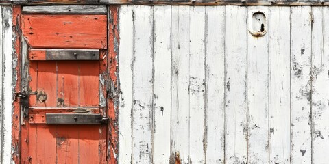 Weathered vintage train wooden door in vibrant red on left with aged white wooden wall on right showing peeling paint and signs of wear