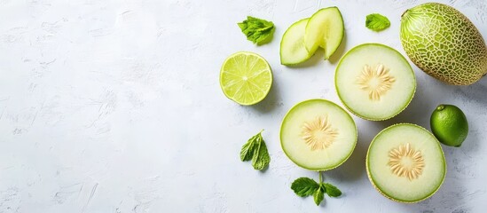 Tropical Summer Lime Lemonade Flat Lay with Honeydew Mint Slices and Fresh Limes on Light Gray Background with Copy Space