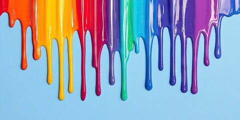 Minimalist vibrant paint drips in rainbow colors red orange yellow green blue purple on a light blue background creating a dynamic artistic backdrop