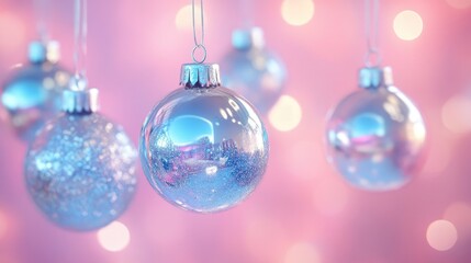 Fototapeta premium Hanging silver and blue Christmas ornaments on a soft pink background creating a festive and dreamy holiday atmosphere