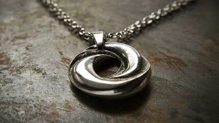 Elegant silver pendant displayed on a textured surface showcasing its unique spiral design and intricate chain details ideal for jewelry photography.