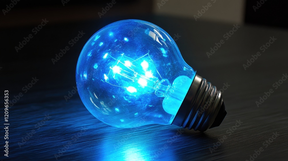 Poster blue led light bulb on a dark surface creating a vibrant party atmosphere with a soft glow and an in