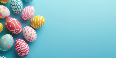 Fototapeta premium Colorful Easter eggs with intricate patterns arranged on the left side of a pastel blue background creating a festive top view composition.